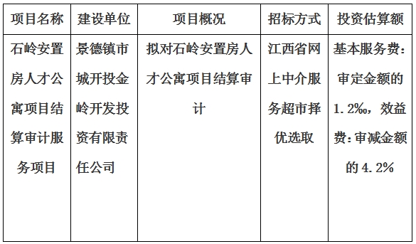 石嶺安置房人才公寓項(xiàng)目結(jié)算審計(jì)服務(wù)項(xiàng)目計(jì)劃公告