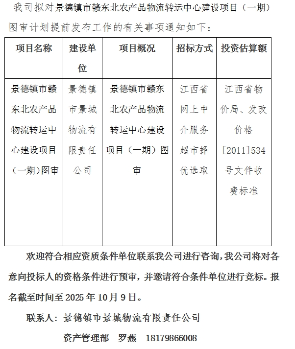 景德鎮(zhèn)市贛東北農產品物流轉運中心建設項目（一期）圖審計劃公告